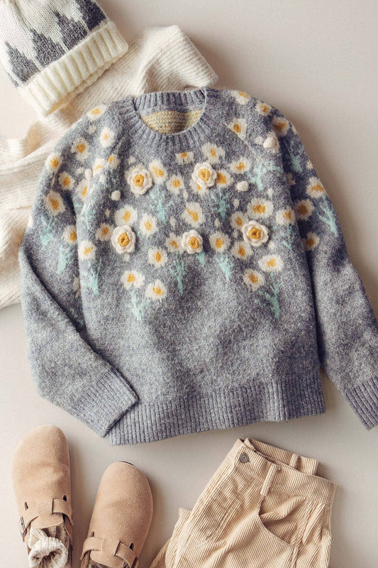 Daisy Embossed 3D Floral Knit Sweater, Feathered Farmhouse