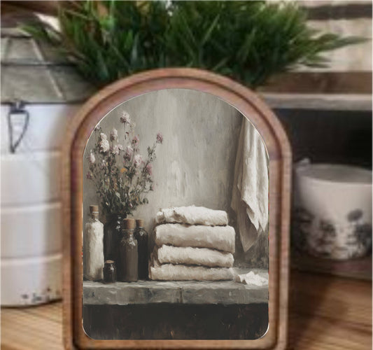 Bathroom Shelf Framed Art Arch Top, Feathered Farmhouse