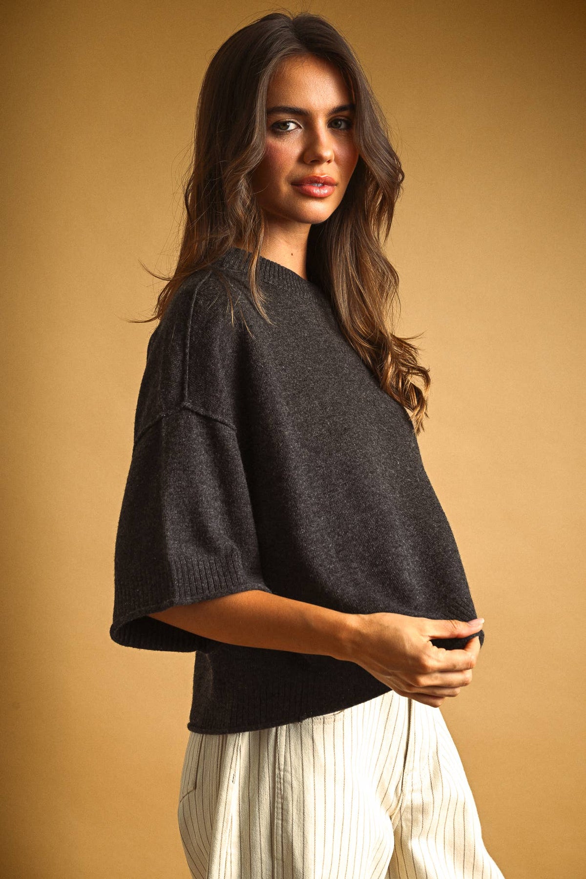Short Sleeve Knit Crop Top, Feathered Farmhouse