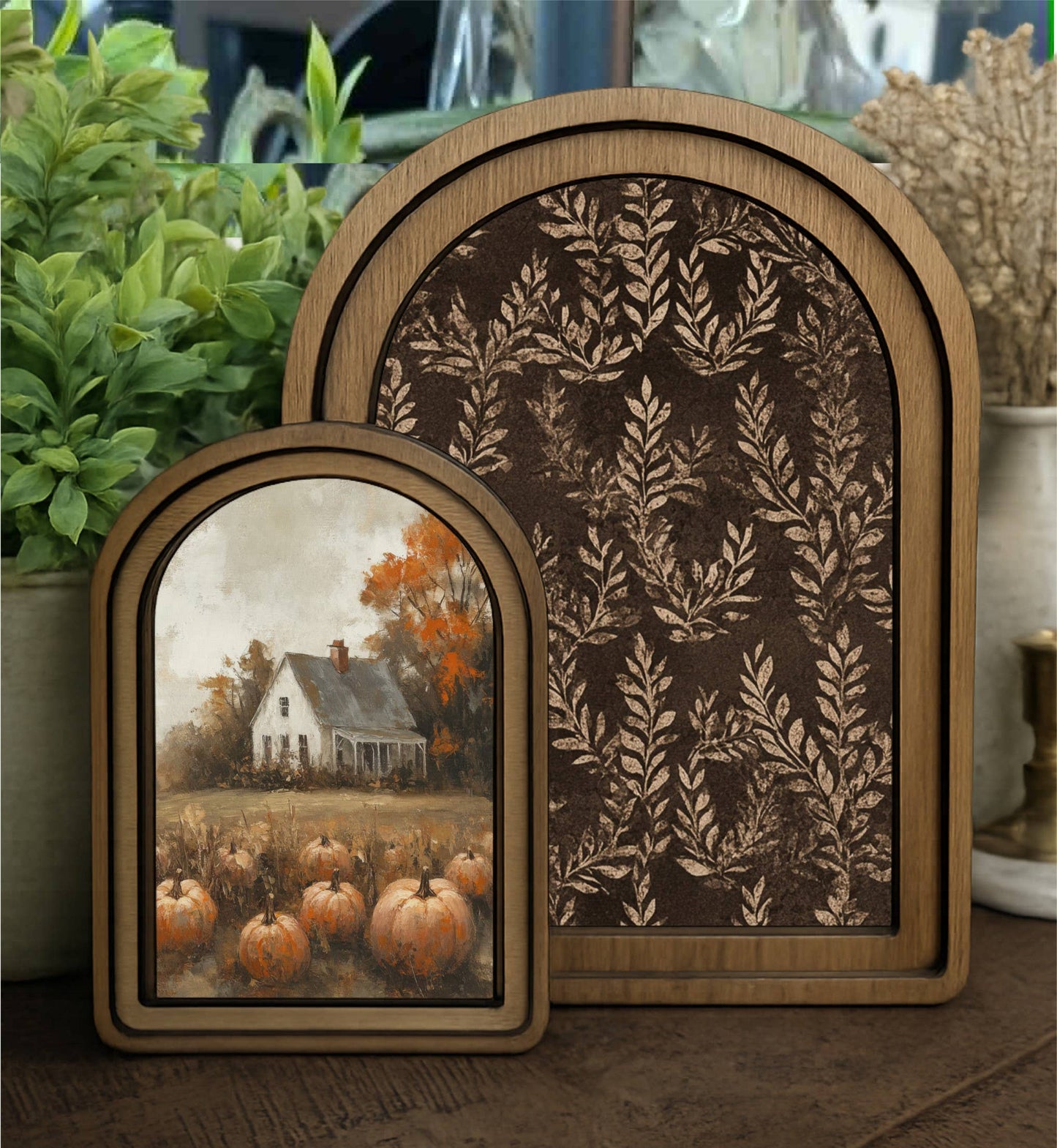 Brown Stems Framed Arch Top, Feathered Farmhouse