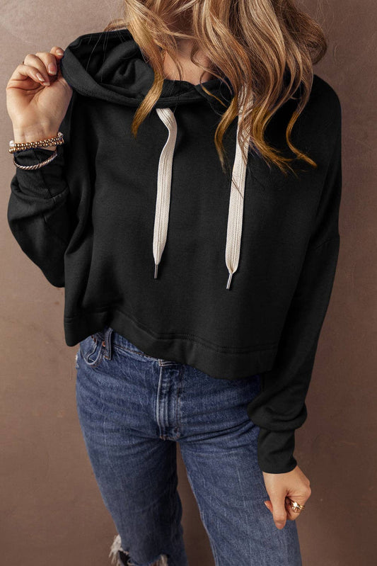 Solid Drop Shoulder Cropped Hoodie, Feathered Farmhouse