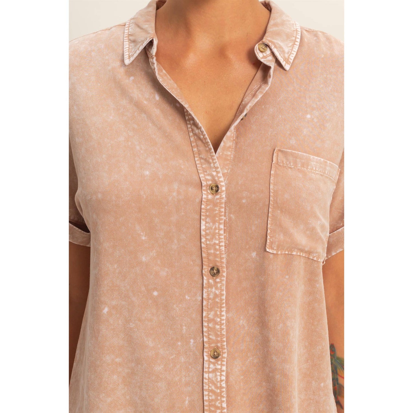 Mineral Wash Button-Up Dolman Sleeve Shirt, Feathered Farmhouse