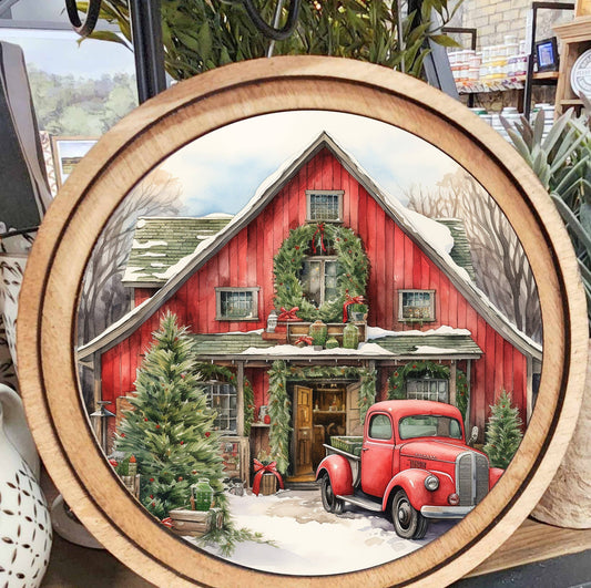 Round Red Christmas Barn Art, Feathered Farmhouse