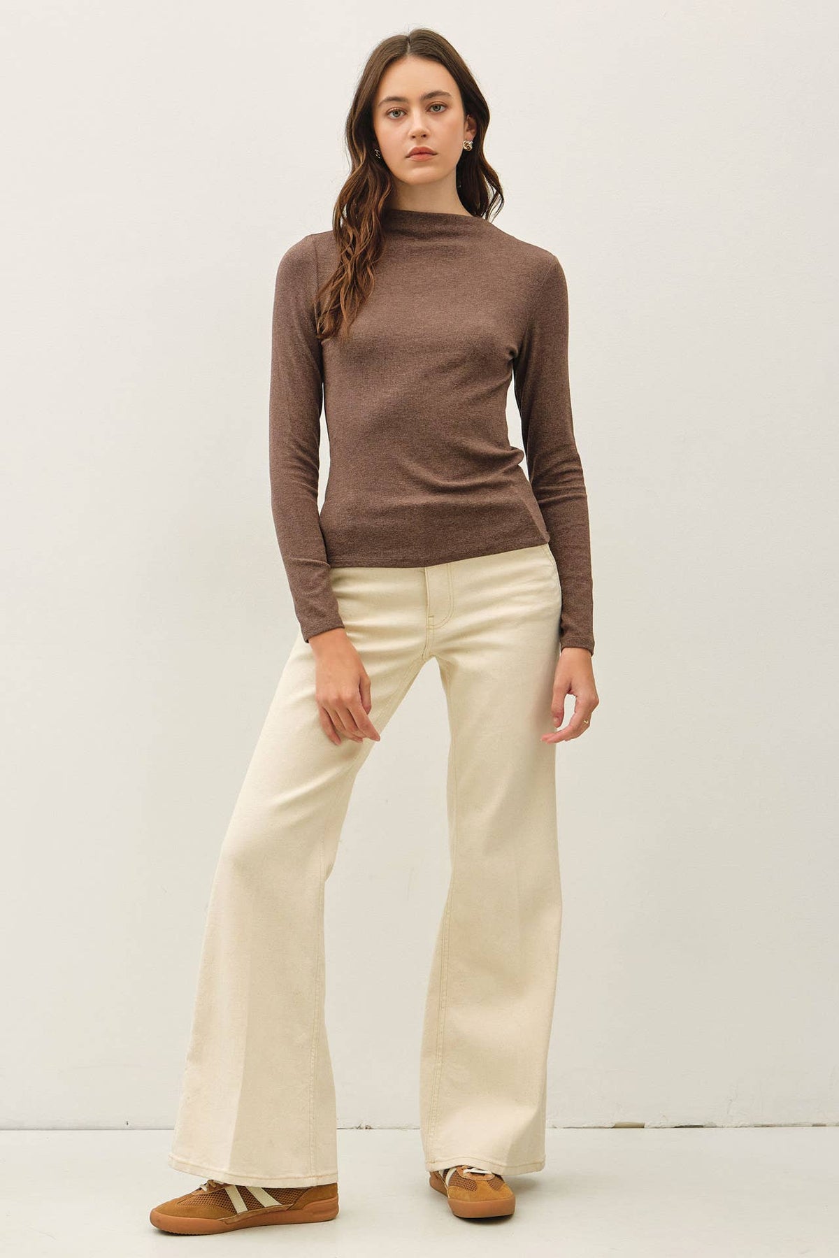 Brown Basic Ribbed Mockneck Knit Top, Feathered Farmhouse