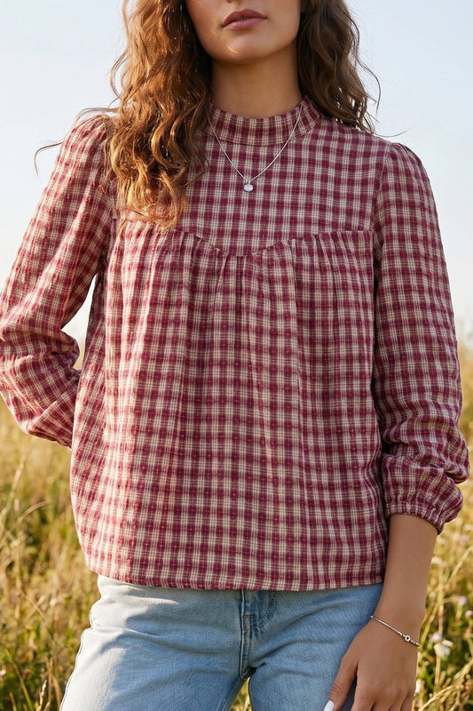 Plaid Long Sleeve Pleated Blouse, Feathered Farmhouse