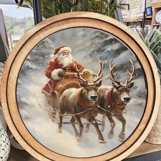 Round Santa Sleigh Art, Feathered Farmhouse