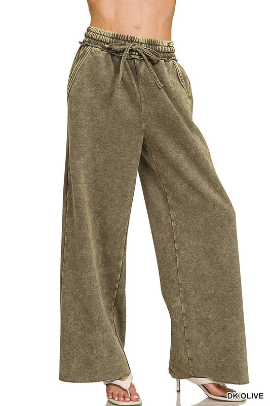 Acid Wash Fleece Palazzo Sweatpants, Feathered Farmhouse