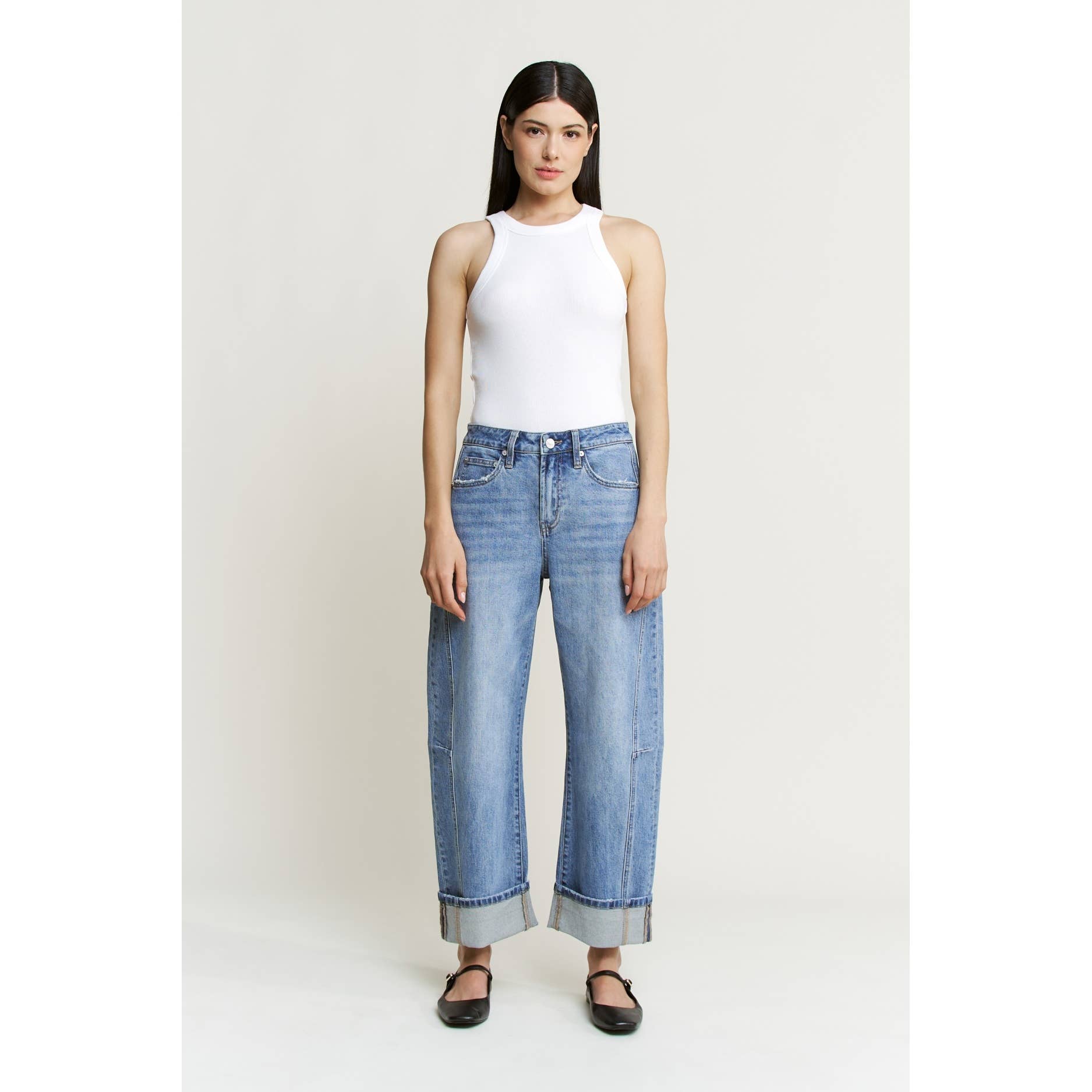 High Rise Barrel-Leg Cuffed Jeans, Feathered Farmhouse