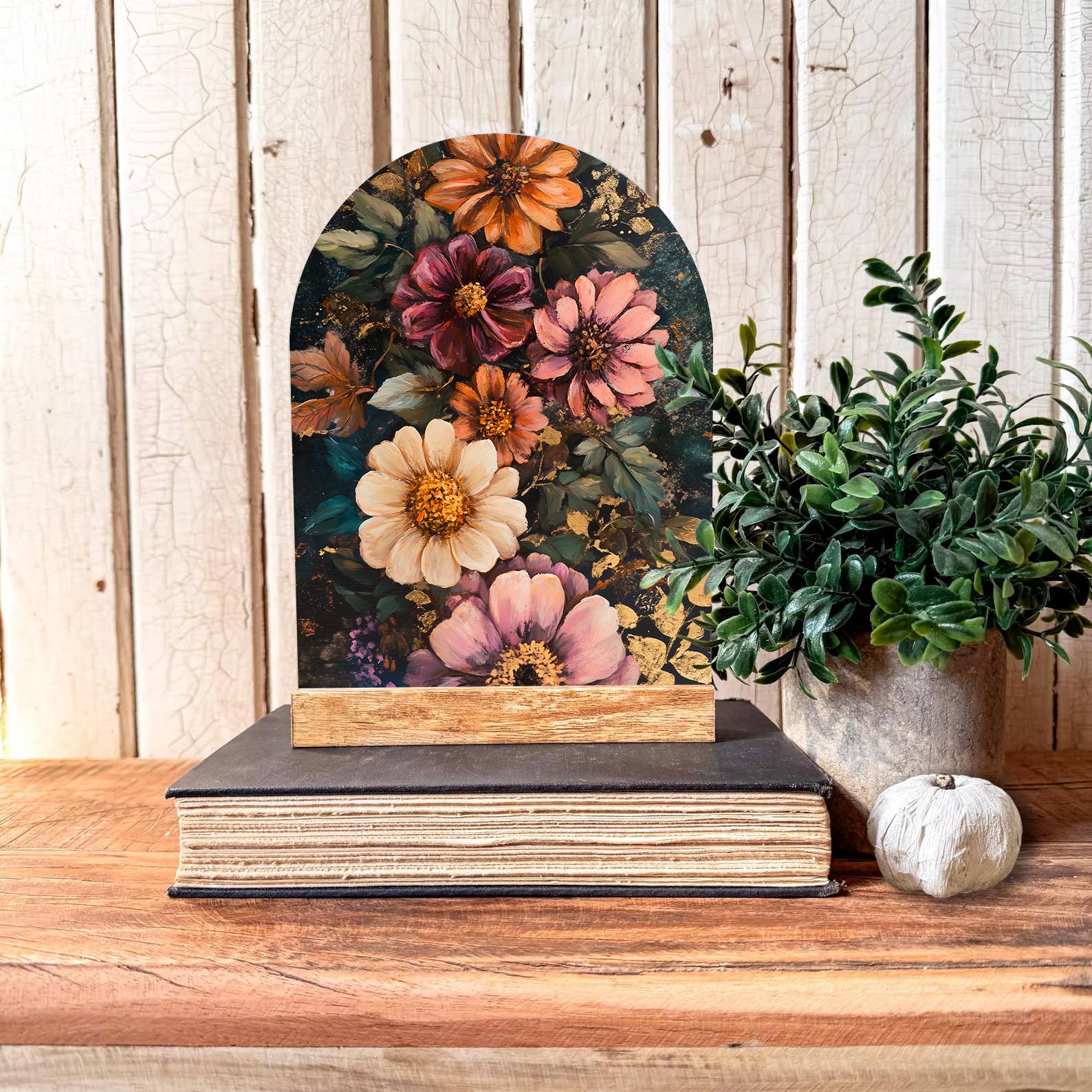 Moody Colorful Floral Arched Shelf Sitter, Feathered Farmhouse
