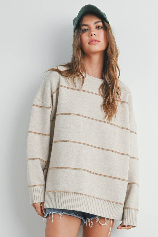 Striped Pattern Drop Shoulder Sweater, Feathered Farmhouse