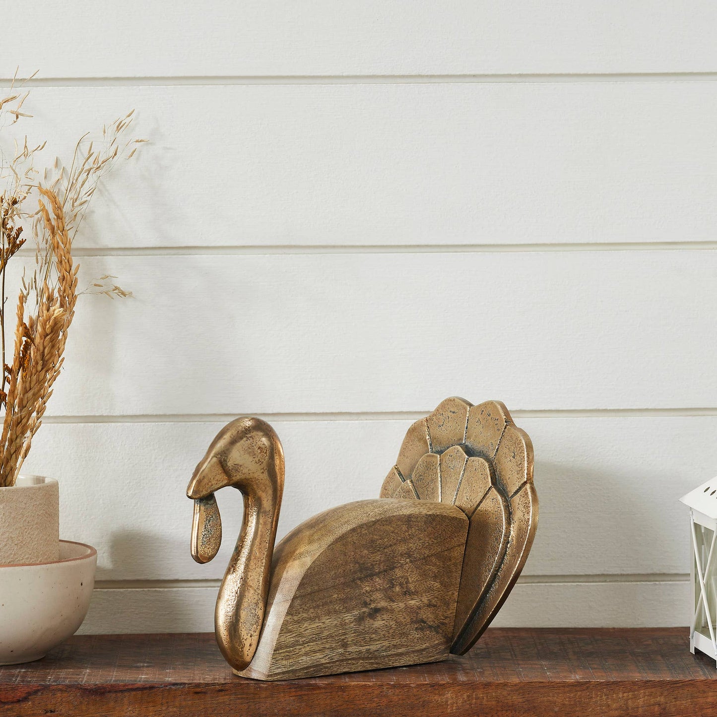 Wooden Turkey w/ Burnished Gold, Feathered Farmhouse