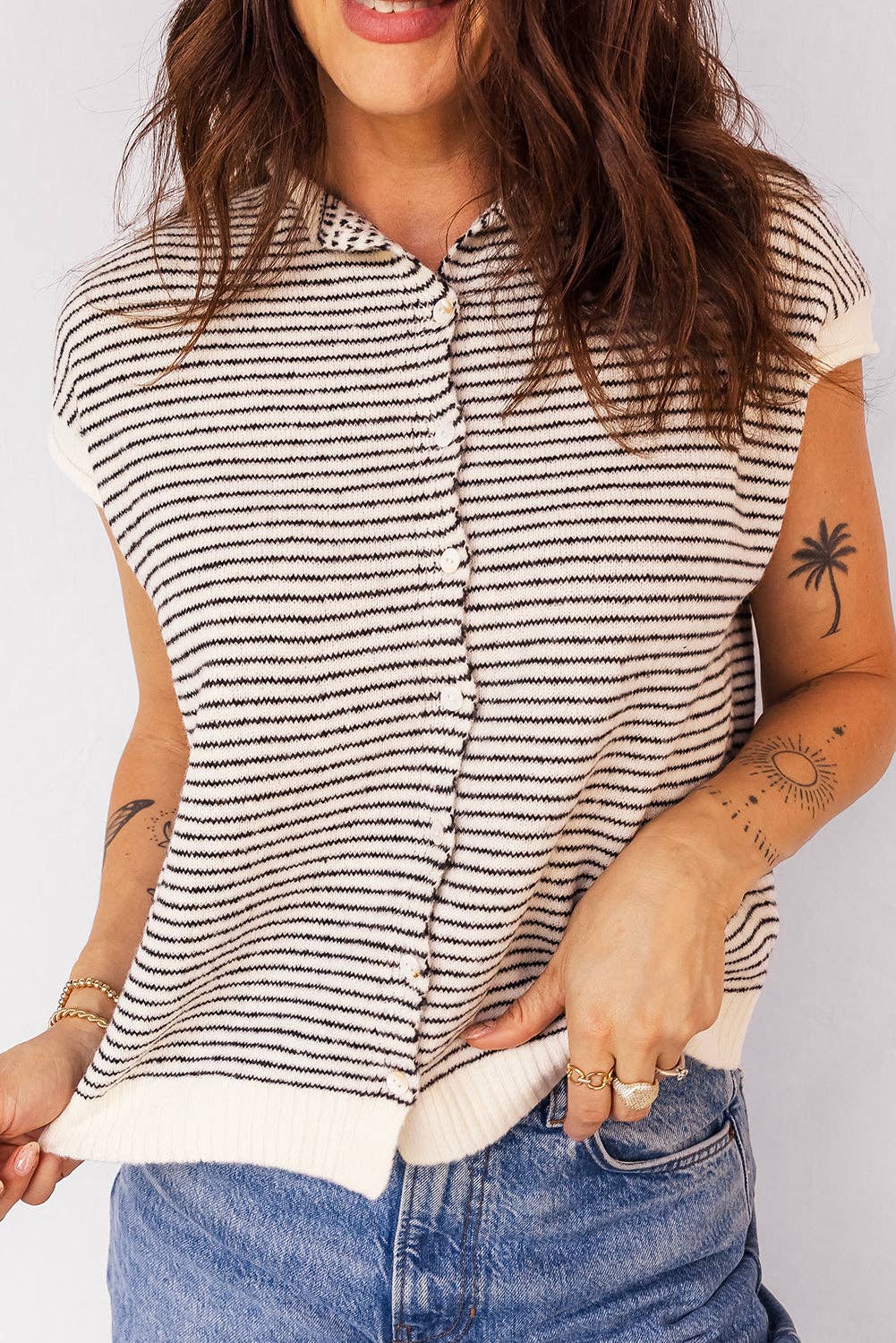 Stripe Contrast Trim Cap Sleeve Buttoned Cardigan, Feathered Farmhouse