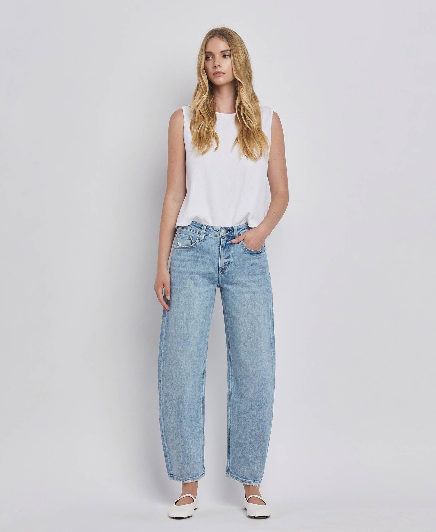 High Rise Barrel Leg Jeans, Feathered Farmhouse