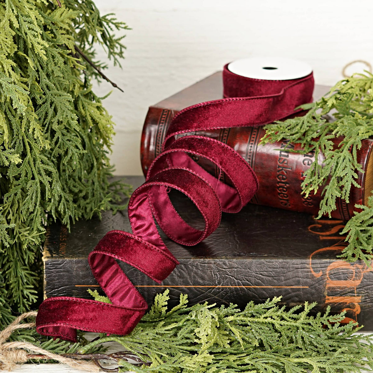 Burgundy Wired Velvet Ribbon, Feathered Farmhouse