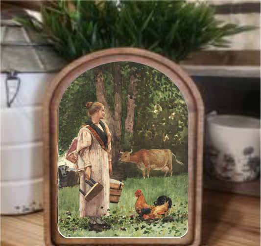 Milk Maid Framed Art Arch Top, Feathered Farmhouse