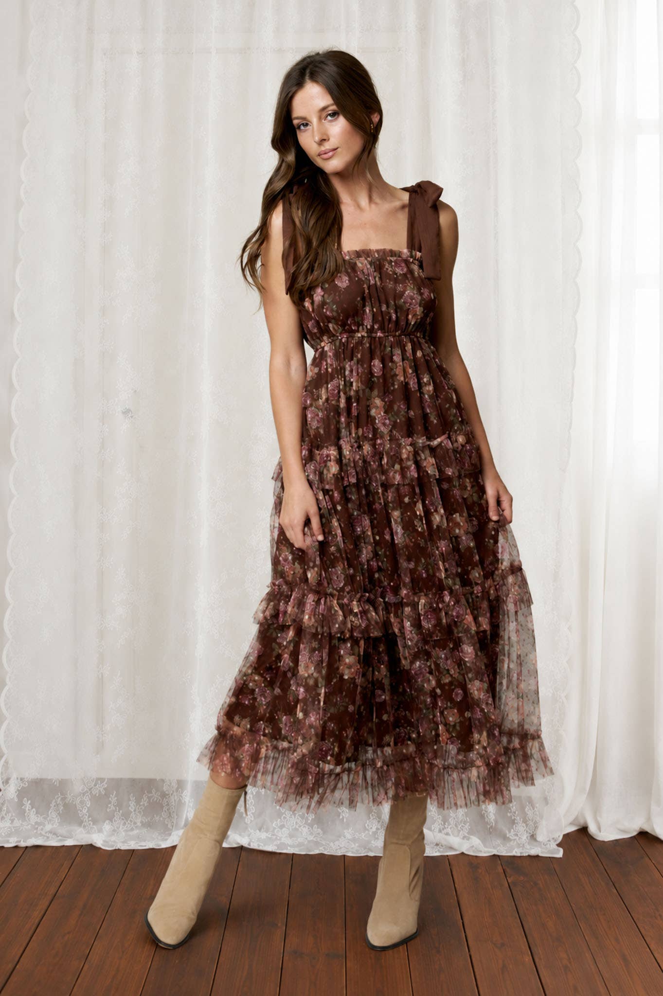 Floral Chiffon Tie Strap Ruffled Tiered Midi Dress, Feathred Farmhouse