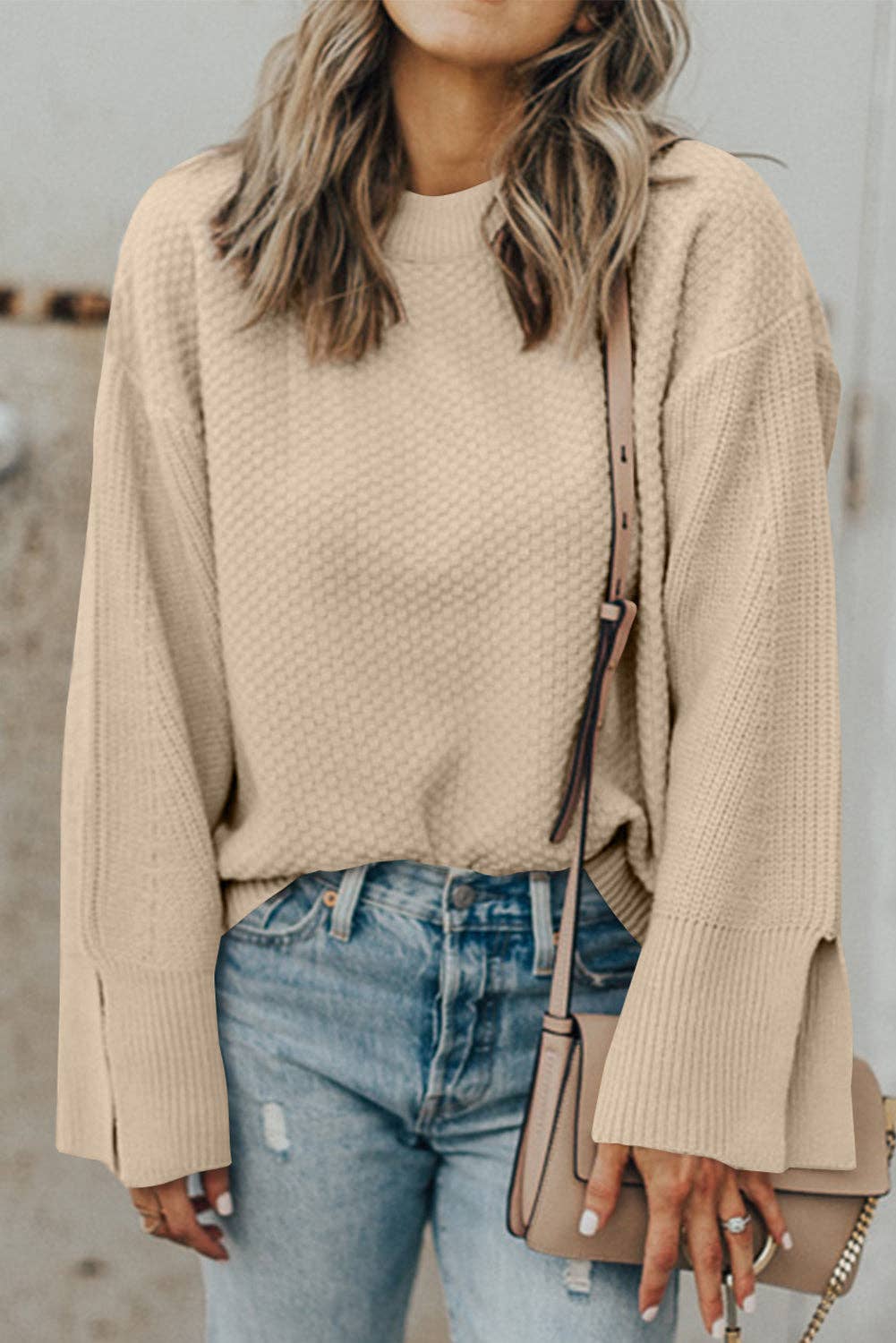 Textured Knit Wide Sleeve Sweater, Feathered Farmhouse