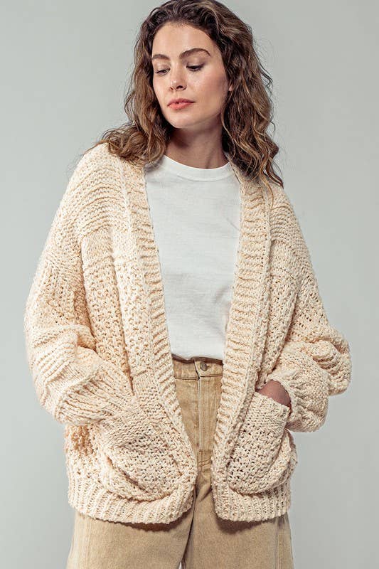 Ivory Two Pouch Crochet Knit Cardigan, Feathered Farmhouse