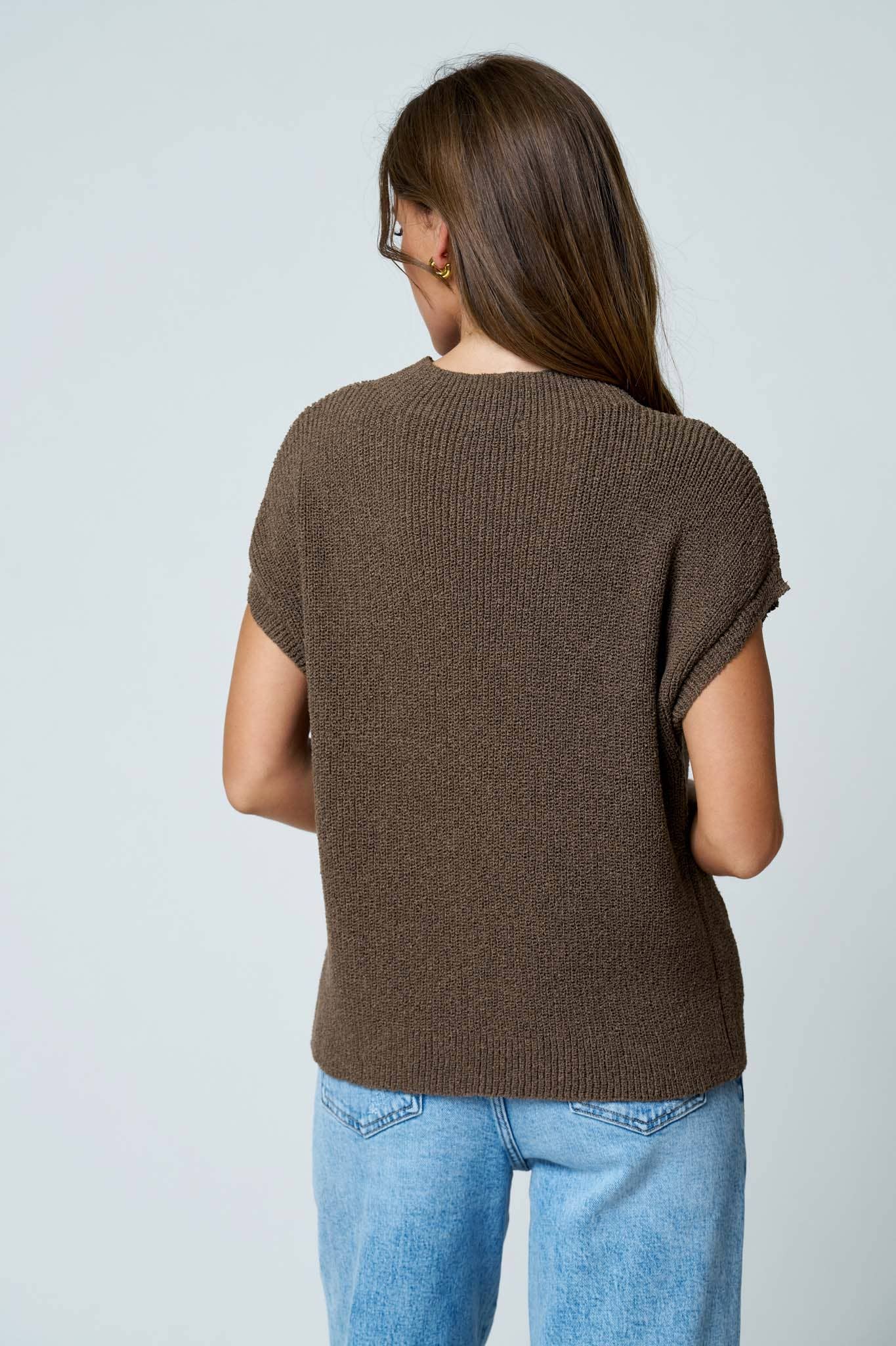 Pocket Detail Drop Shoulder Short Sleeve Sweater, Feathered Farmhouse