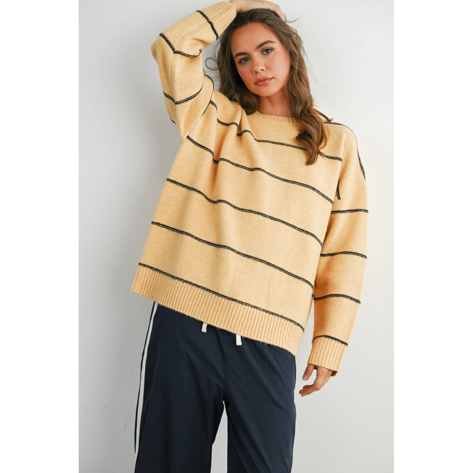 Striped Pattern Drop Shoulder Sweater, Feathered Farmhouse