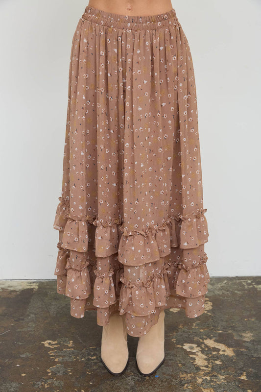 Mocha Floral Ruffled Tiered Hem Midi Skirt, Feathered Farmhouse