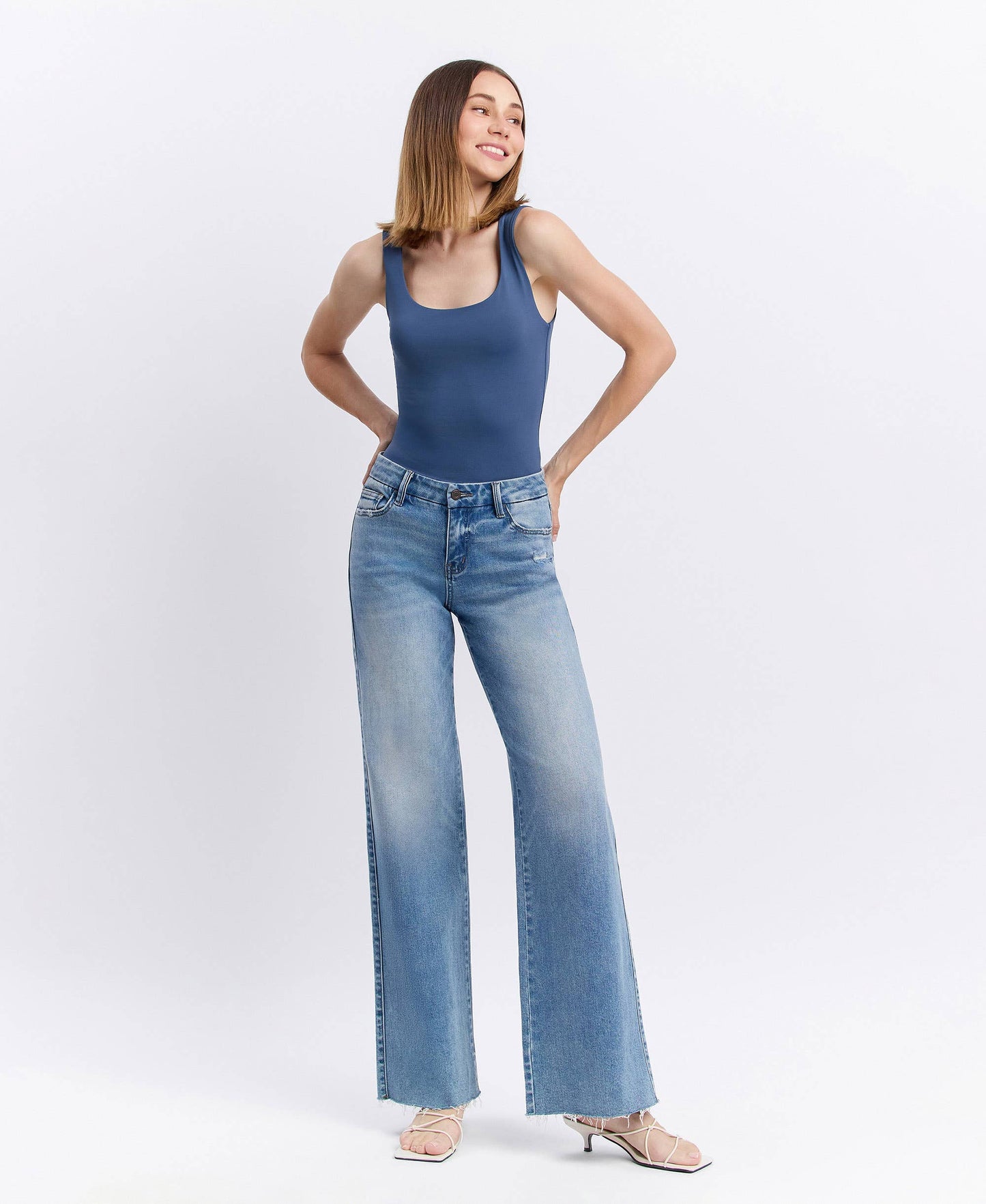 Mid Rise Clean Cut Raw Hem Wide Jeans, Feathered Farmhouse