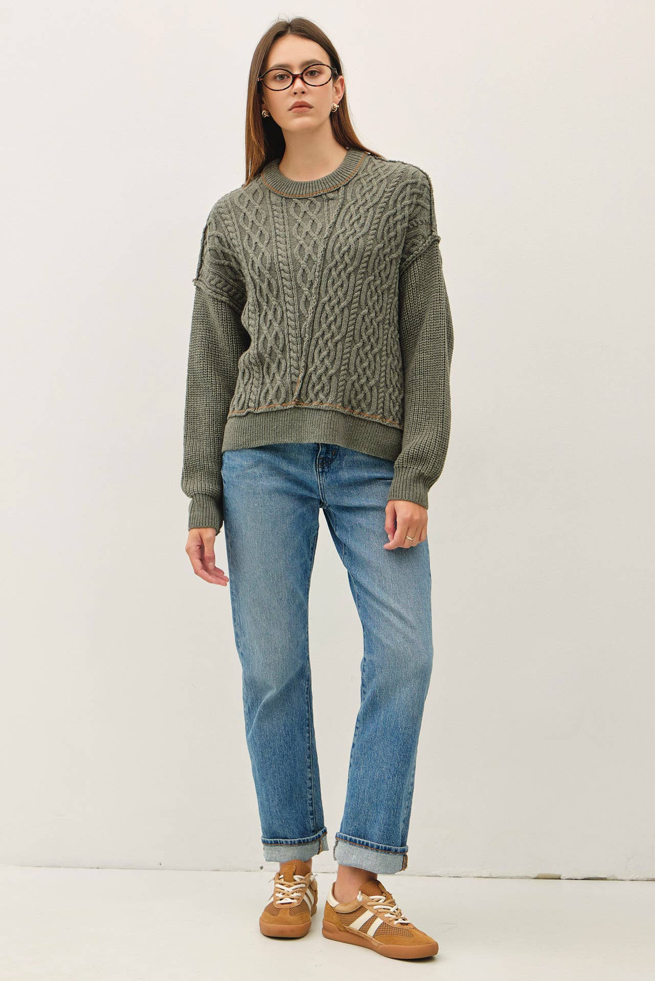 Contrast Stitching Wool Cable Knit Sweater, Feathered Farmhouse
