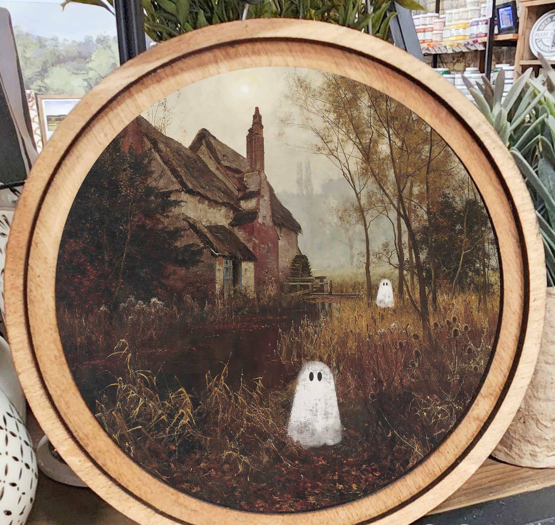 Round Halloween Ghost Cottage Art, Feathered Farmhouse