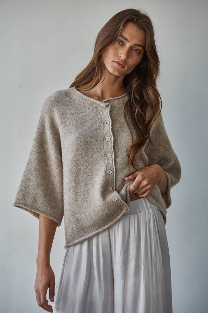Quarter Sleeve Button Up Cardigan, Feathered Farmhouse