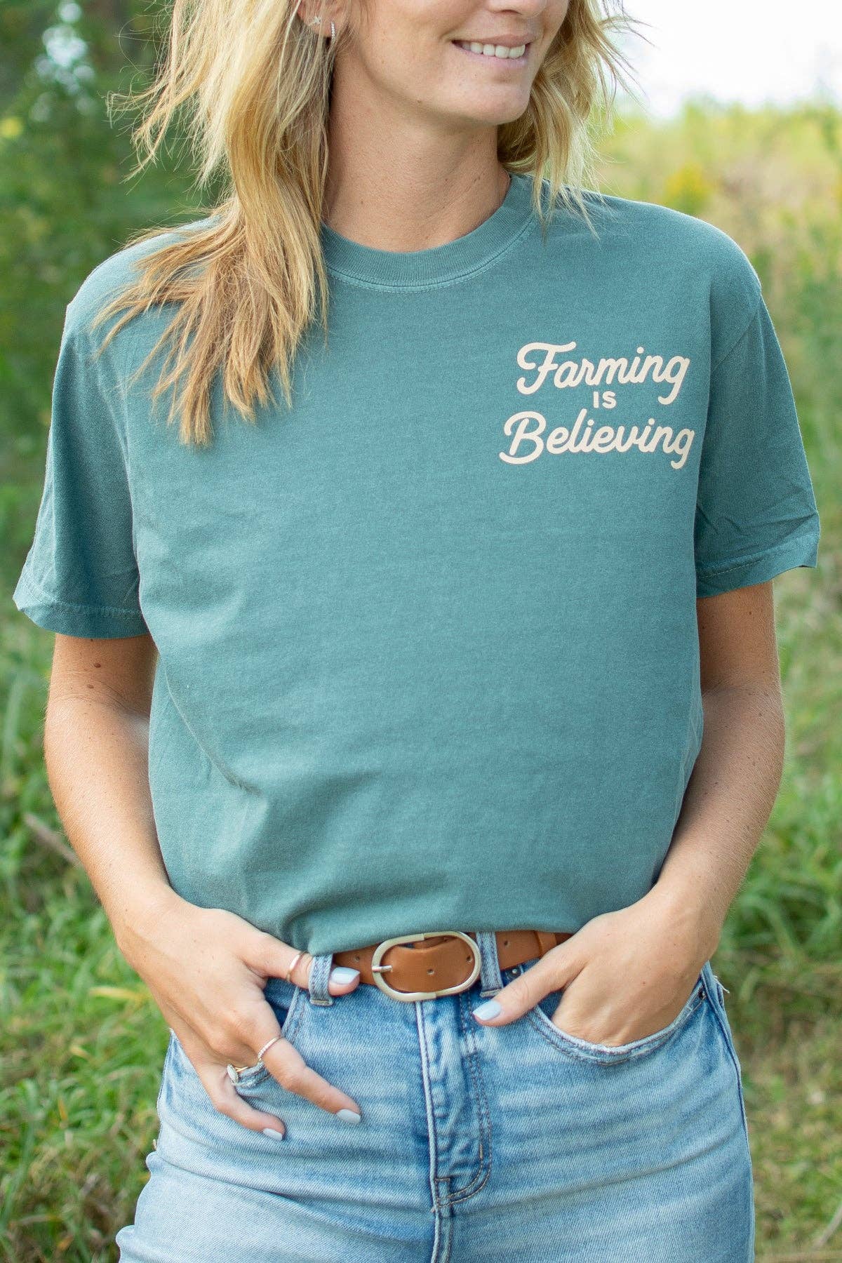 Western 'Farming Is Believing' Graphic Women's Tee, Feathered Farmhouse