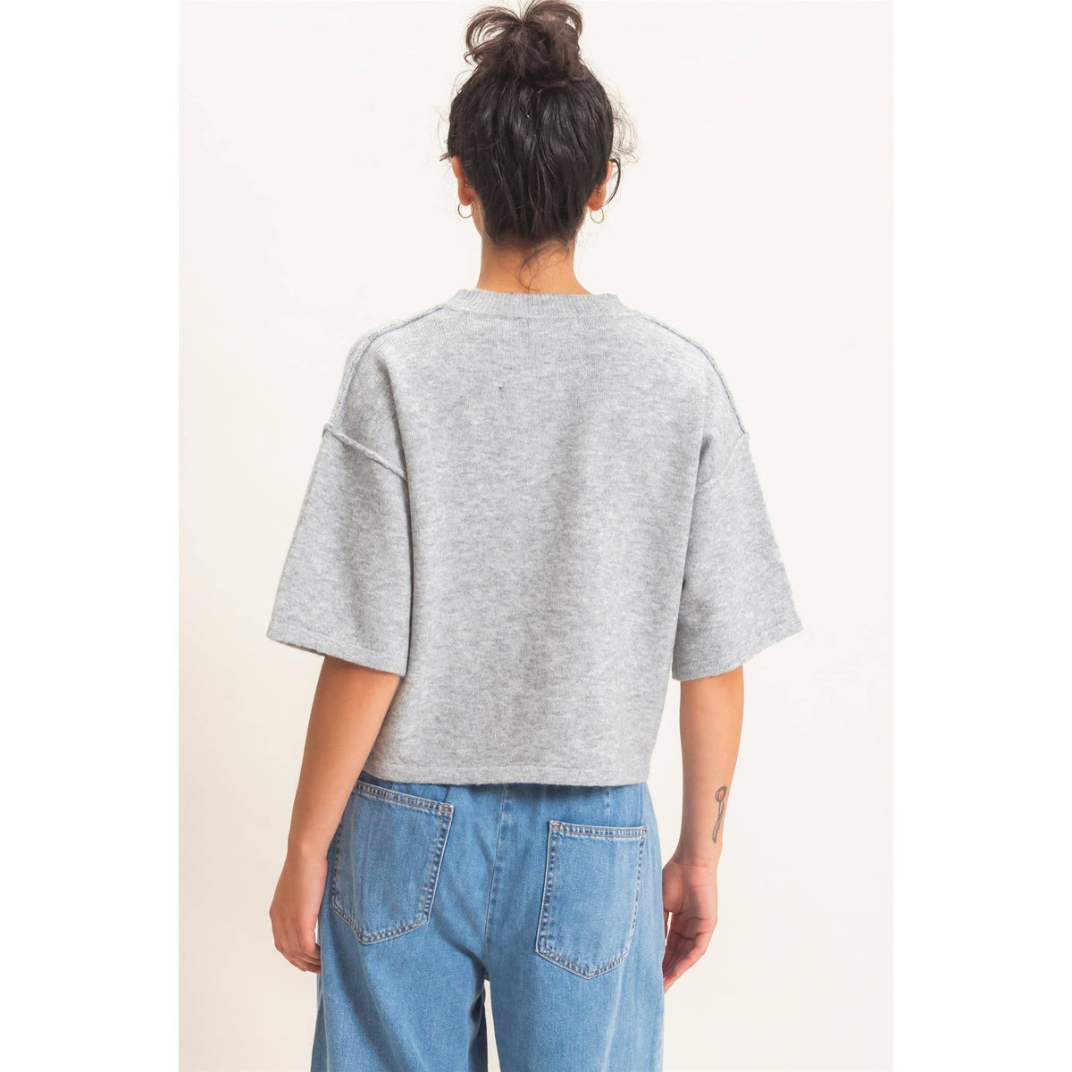 Heather Grey Drop Shoulder Short Sleeve Cardigan, Feathered Farmhouse