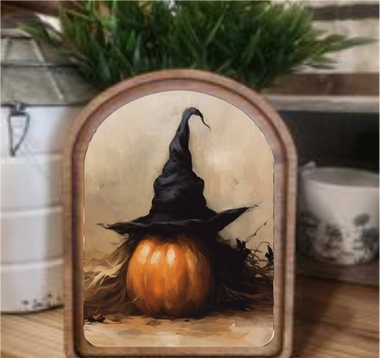 Halloween Pumpkin Witch Hat Framed Art Arch Top, Feathered Farmhouse