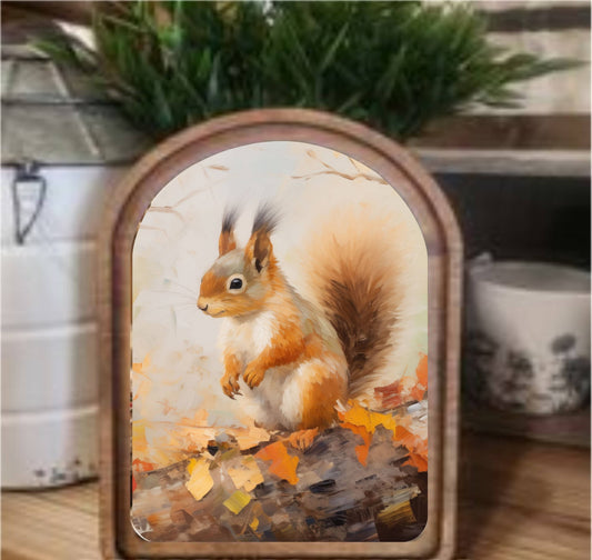 Fall Squirrel Framed Art Arch Top, Feathered Farmhouse