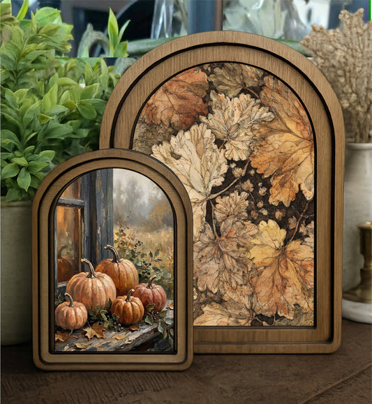 Fall Leaves Framed Arch Top, Feathered Farmhouse