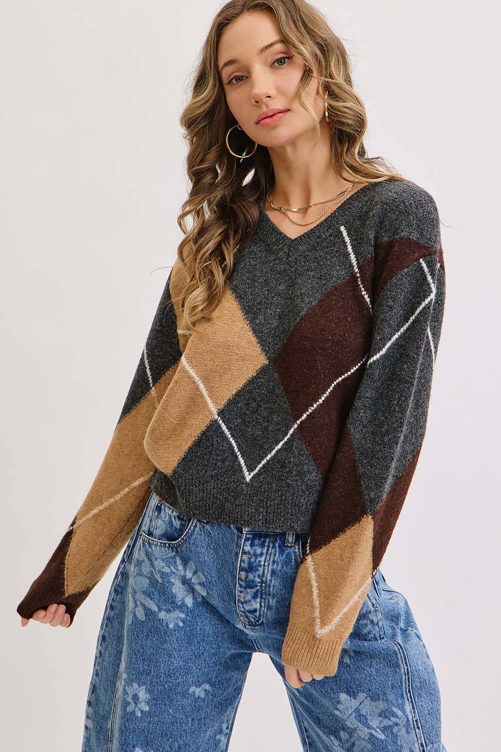 V-Neck Argyle Knit Sweater, Feathered Farmhouse