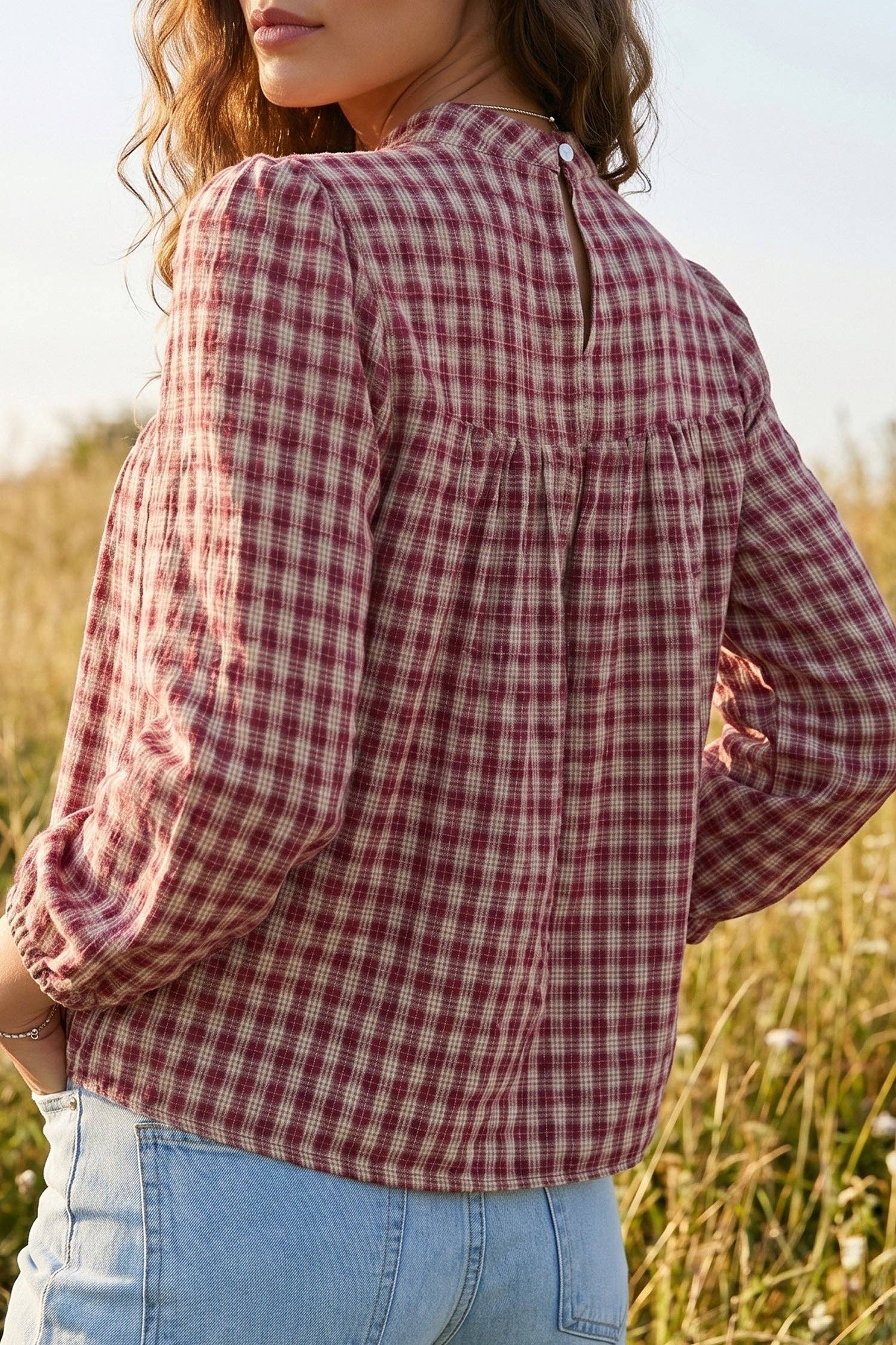 Plaid Long Sleeve Pleated Blouse, Feathered Farmhouse