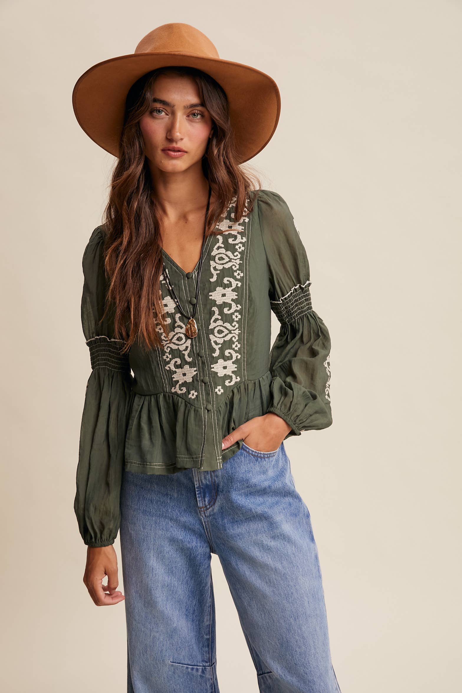 Embroidered Peplum Blouse, Feathered Farmhouse