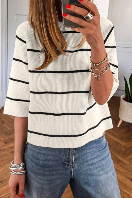 Jen White Stripe Ribbed Sweater Tee