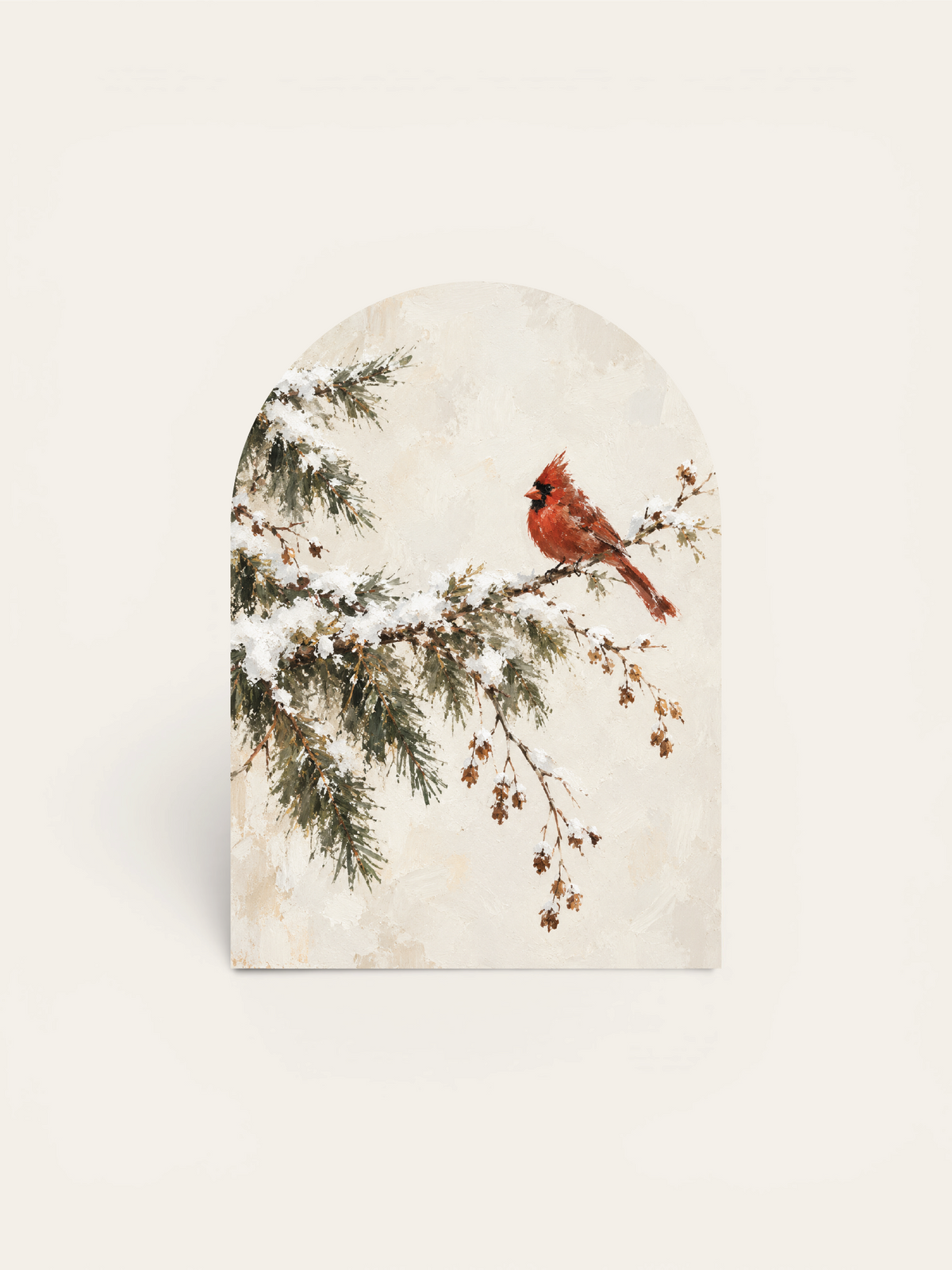 Single Cardinal on Snowy Branch Arch, Feathered Farmhouse