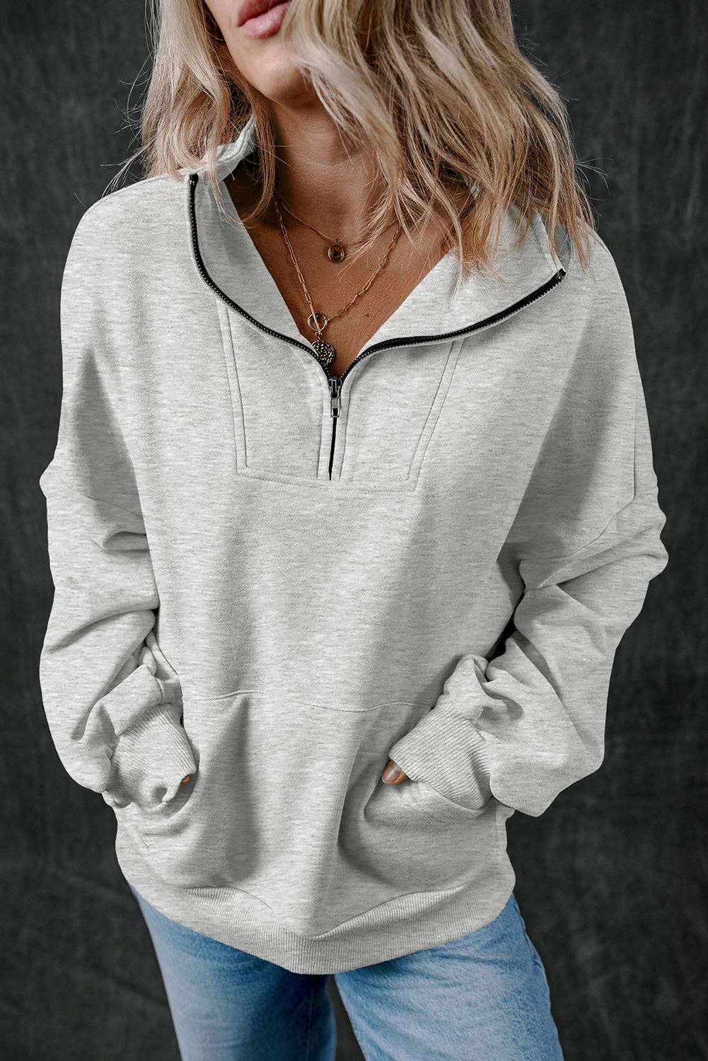 Quarter Zip Stand Neck Sweatshirt, Feathered Farmhouse