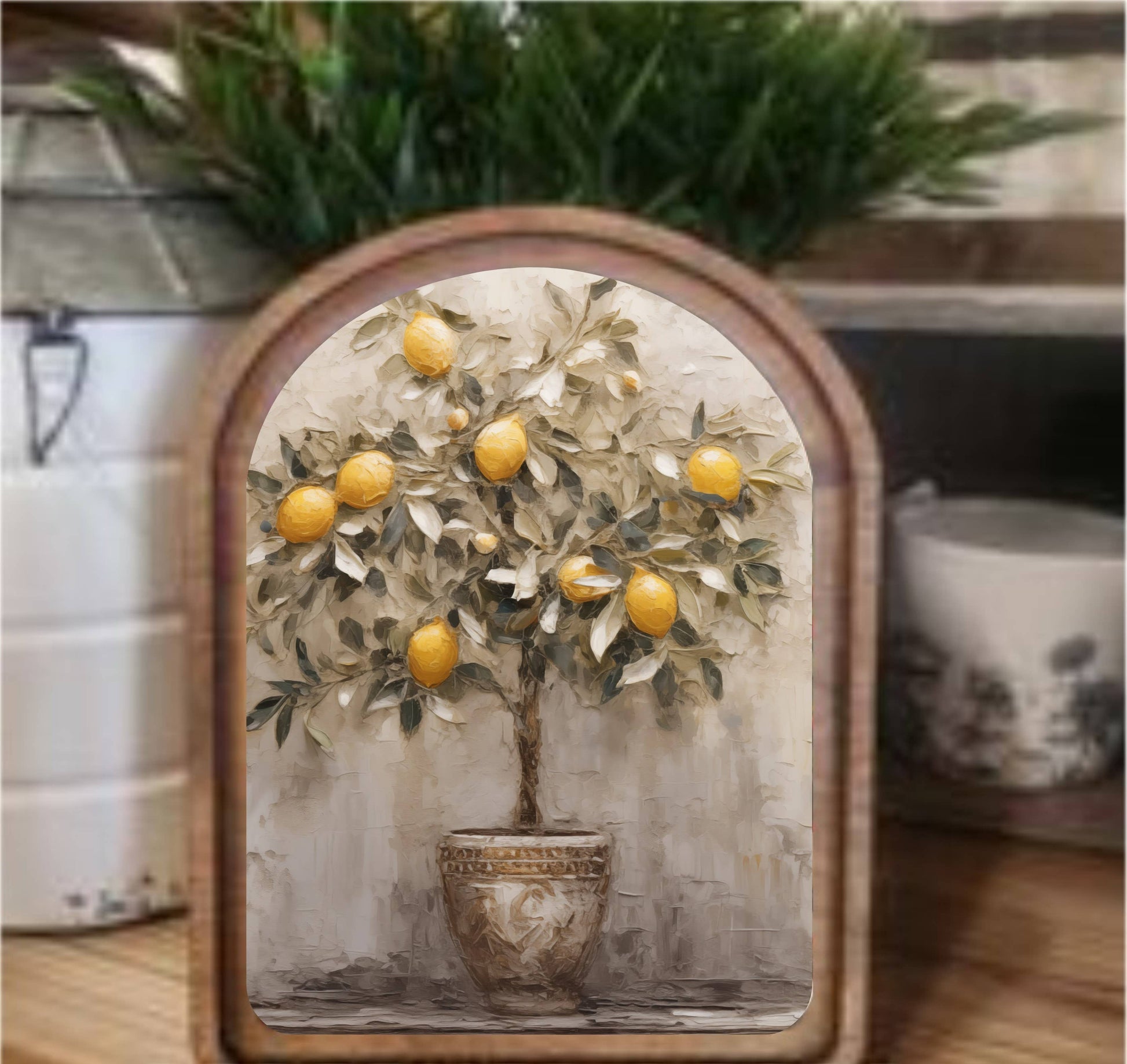 Lemon Tree Framed Art Arch Top, Feathered Farmhouse