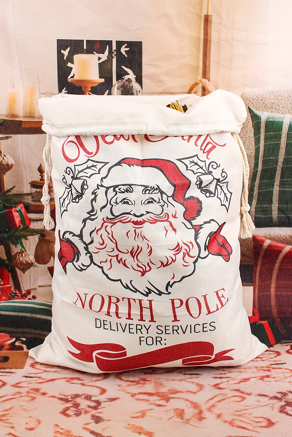 Santa Clause Closure Canvas Christmas Gift Bag, Feathered Farmhouse