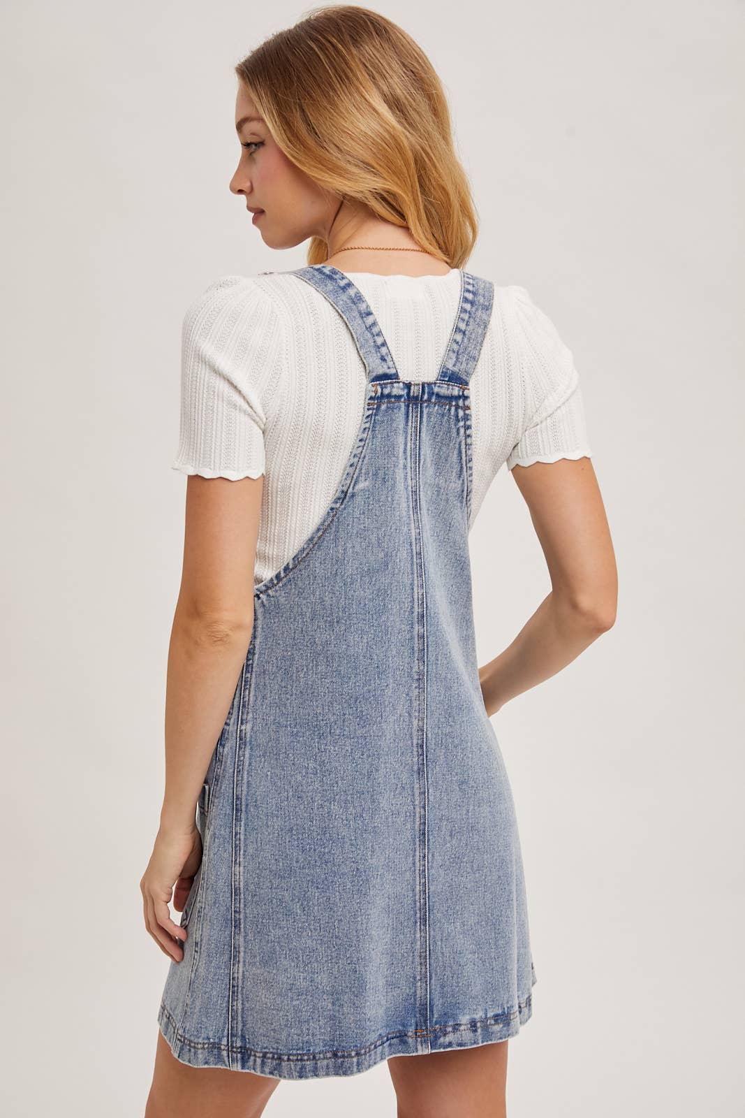Denim Overall Mini Dress, Feathered Farmhouse