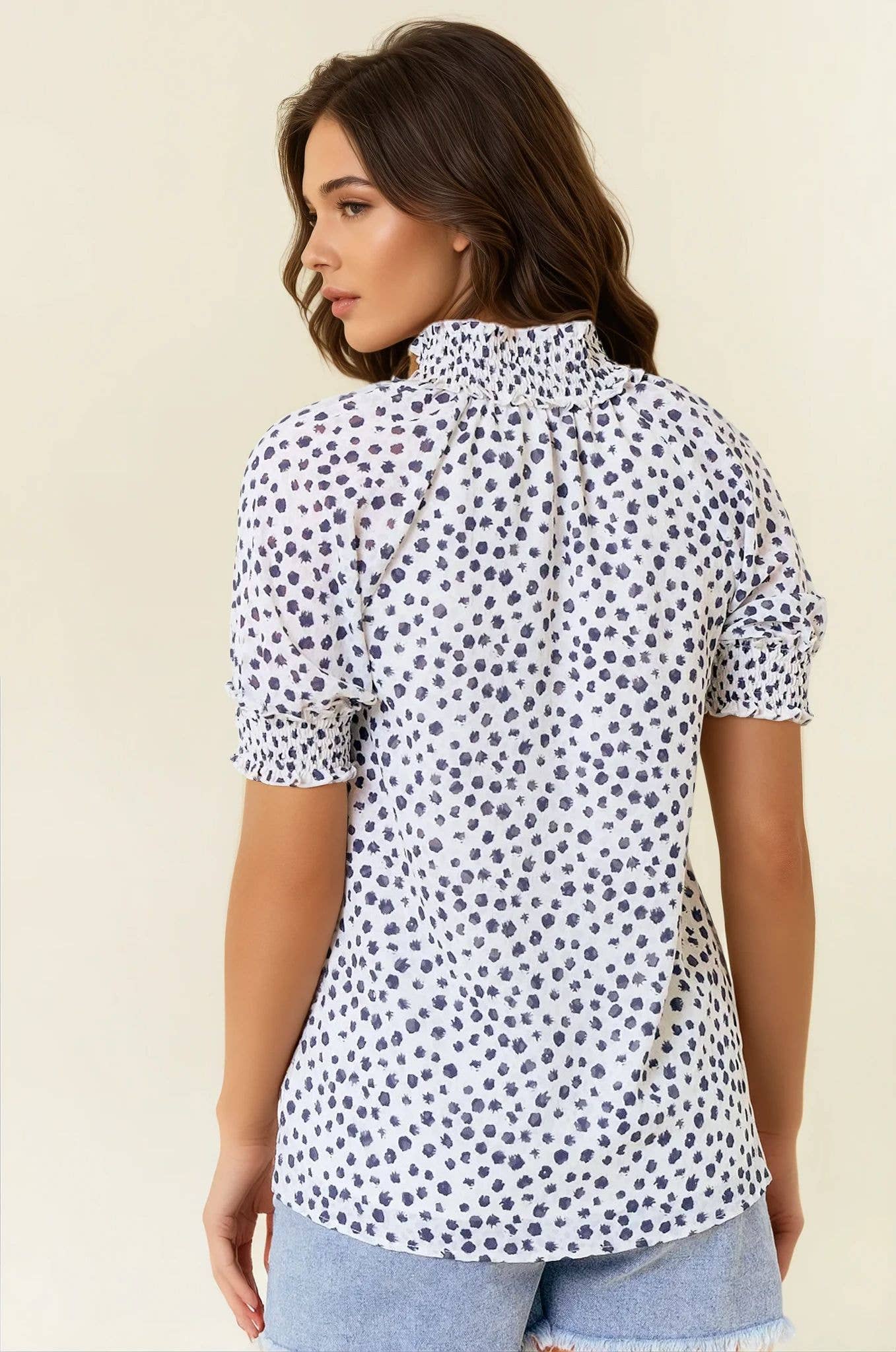 Jacquard Dot Print Short Sleeve Blouse, Feathered Farmhouse