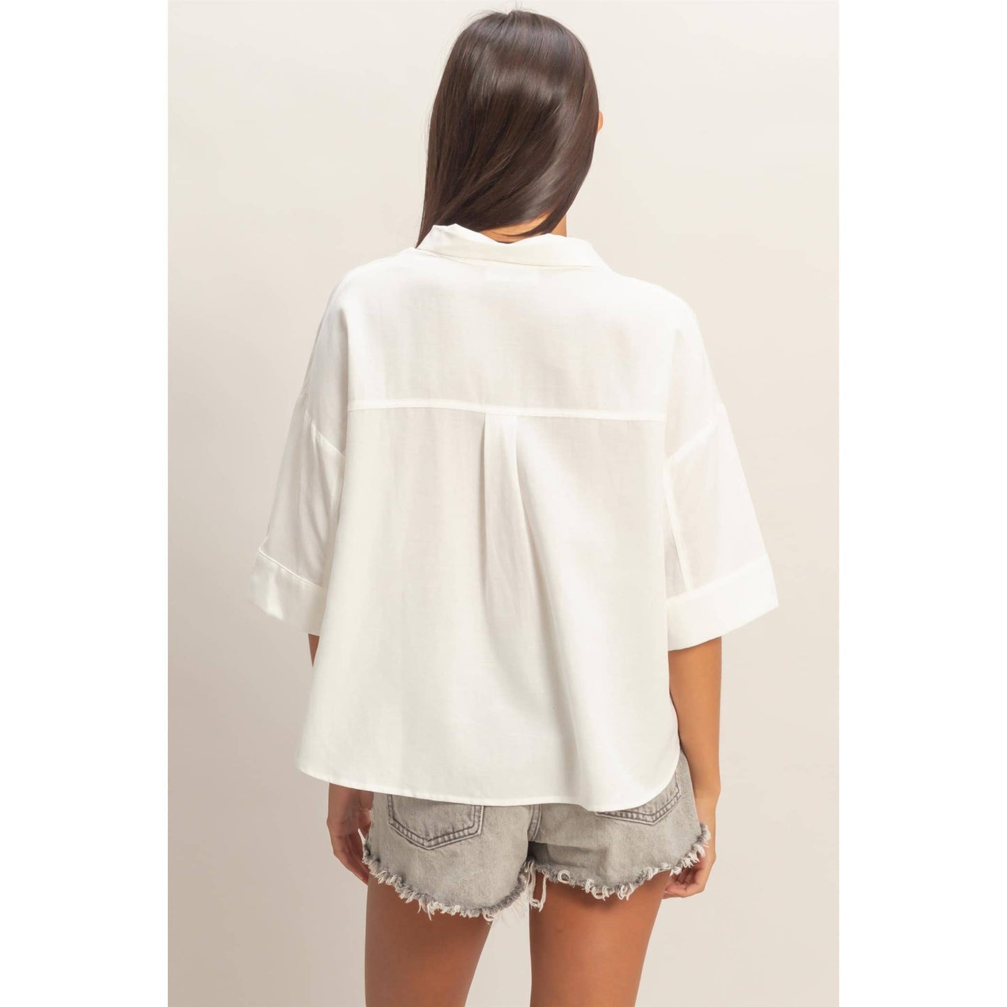 Button-Up Collared Short Sleeve Shirt, Feathered Farmhouse