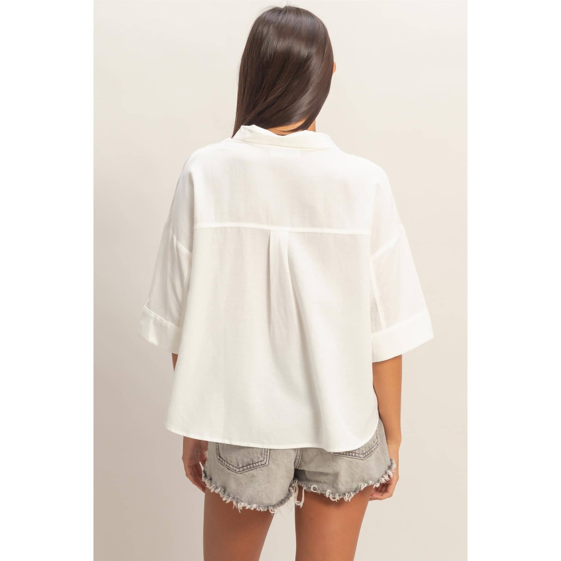Button-Up Collared Short Sleeve Shirt, Feathered Farmhouse