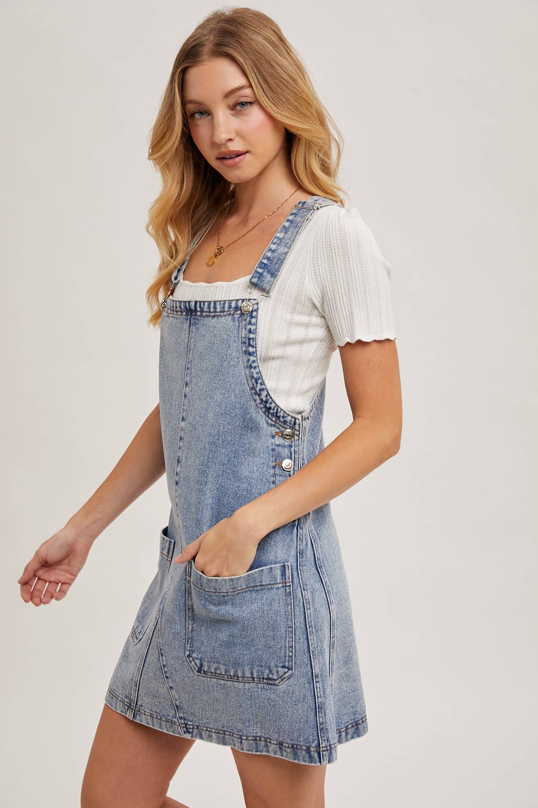 Denim Overall Mini Dress, Feathered Farmhouse