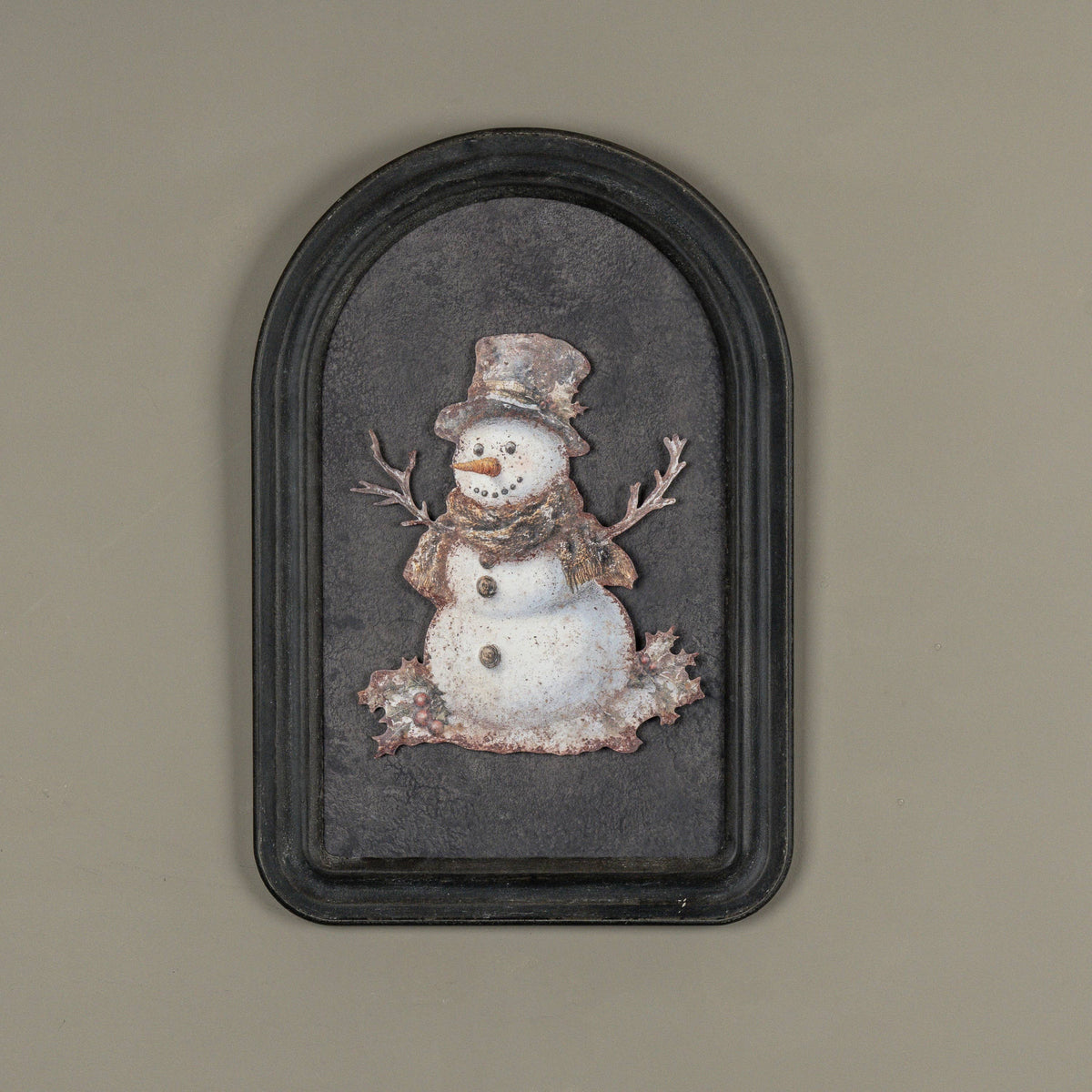 Holly Snowman Metal Sign, Feathered Farmhouse