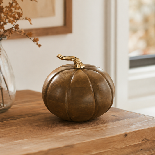 Walnut Mango Wood Pumpkin, Feathered Farmhouse