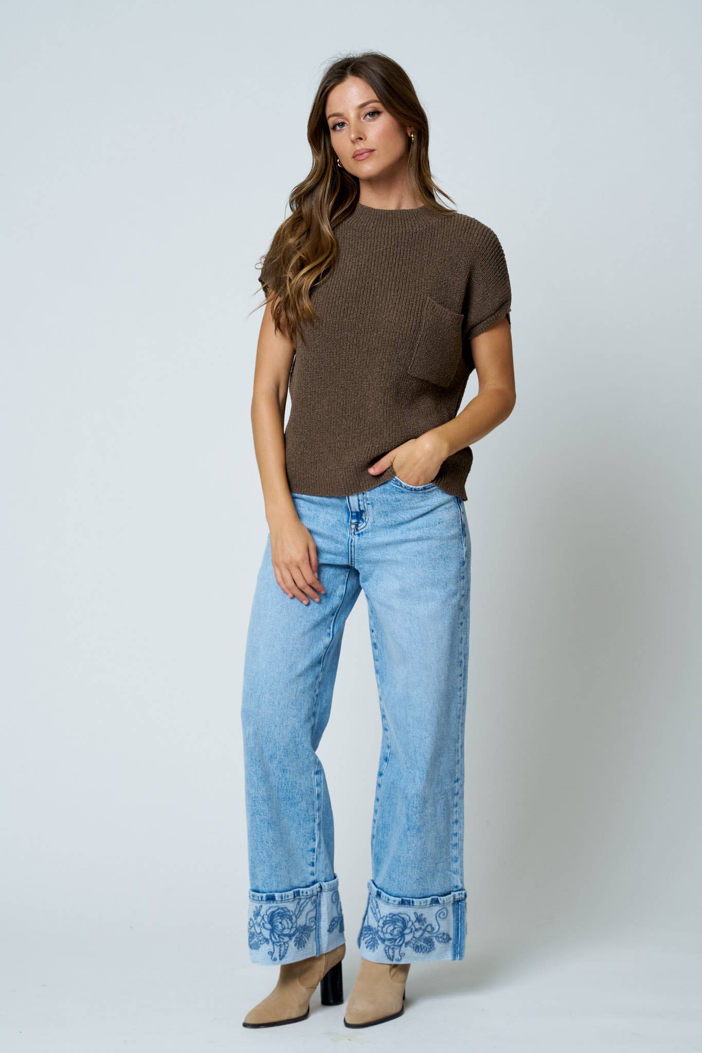Pocket Detail Drop Shoulder Short Sleeve Sweater, Feathered Farmhouse